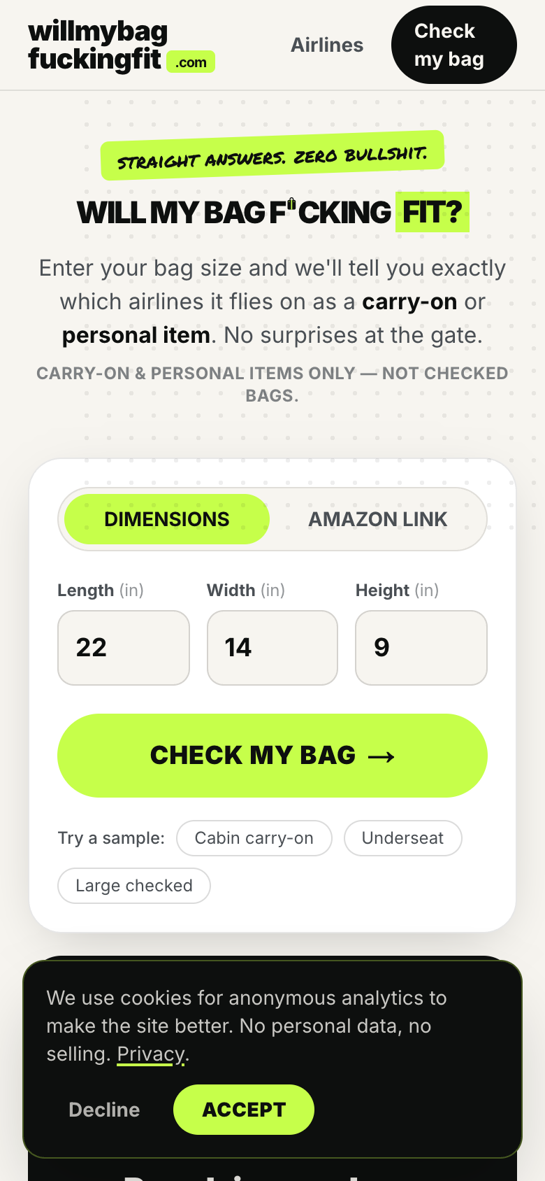 WillMyBagFuckingFit on mobile