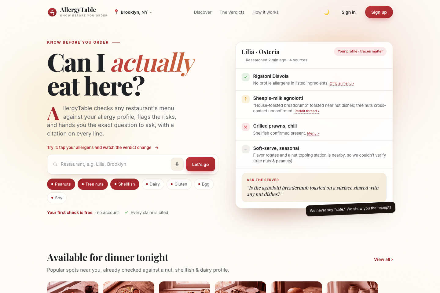 AllergyTable homepage