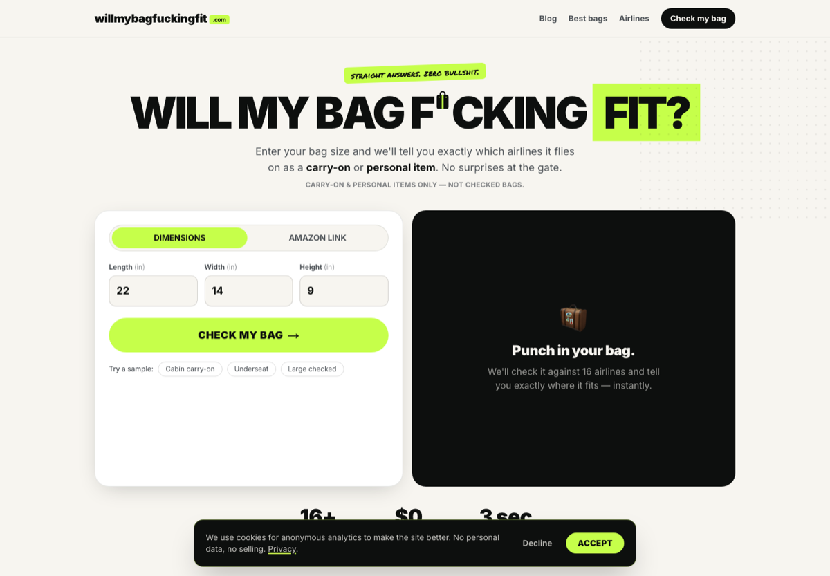 WillMyBagFuckingFit homepage